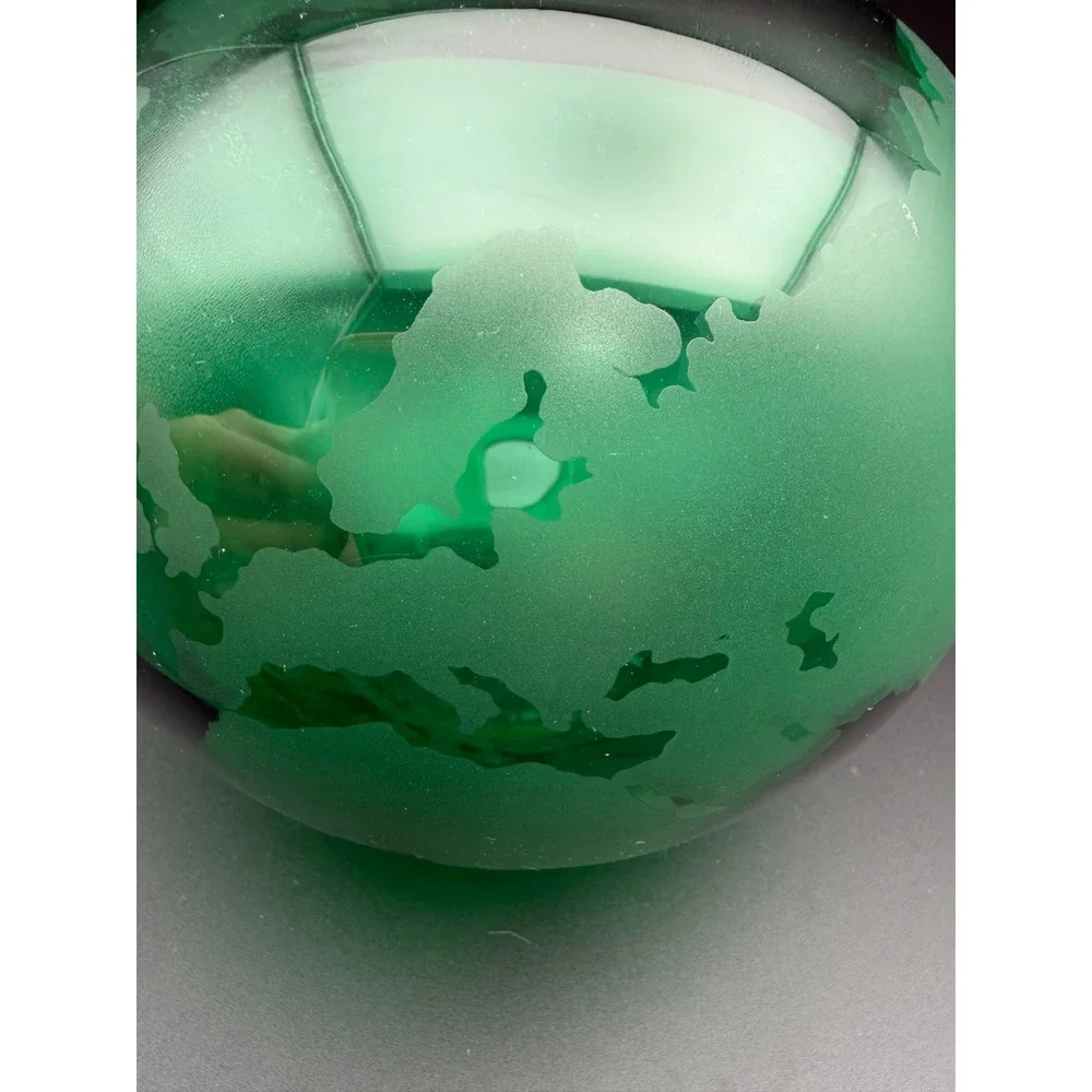 Silvestri Mouth Blown Glass Globe Vase Emerald Green Etched World Map Round 6in